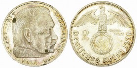 Deutschland, AR 2 Reichsmark 1938 D, Hindenburg 

Deutschland. Deutsches Reich. AR 2 Reichsmark 1938 D (25 mm, 8.01 g), Hindenburg.
J. 366.

Fein...