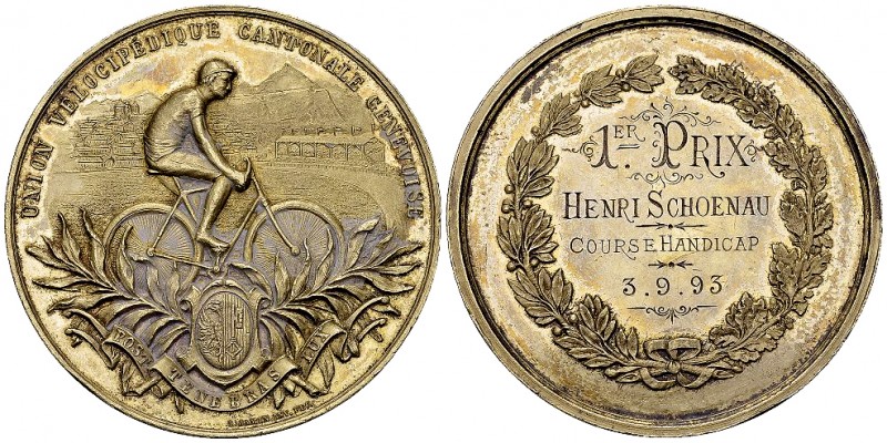 Genf, Vergoldete AR Medaille 1893, Union vélocipédique 

Schweiz, Genf /Genève...