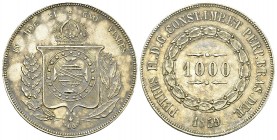 Brazil AR 1000 Reis 1859 

Brazil. Pedro II. (1831-1889). AR 1000 Reis 1859 (30 mm, 12.73 g). 
KM 465. 

Almost extremely fine.