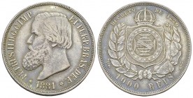 Brazil AR 1000 Reis 1881 

Brazil. Pedro II. (1831-1889). AR 1000 Reis 1881 (30 mm, 12.69 g). 
KM 481. 

Very fine.