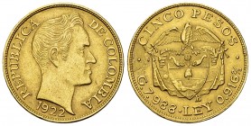 Colombia AV 5 Pesos 1922 B, Bogota 

Colombia, Republic. AV 5 Pesos 1922 B (8.01 g), Bogotá.
KM 201.1.

Small nick on edge, otherwise, extremely ...