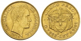 Colombia AV 5 Pesos 1924 B, Bogota 

Colombia, Republic. AV 5 Pesos 1924 B (7.88 g), Bogotá.
KM 201.1.

Extremely fine.