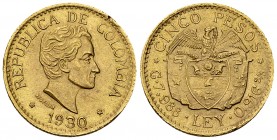 Colombia AV 5 Pesos 1930, Medellin 

Colombia, Republic. AV 5 Pesos 1930 (7.98 g), Medellin.
KM 204.

Small planchet fault, otherwise, extremely ...