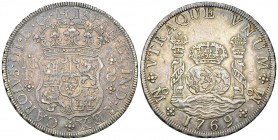 Mexico AR 8 Reales 1769 Mo 

Mexico. Carlos III. AR 8 Reales (40 mm, 26.88 g), 1769 Mo MF.
KM 105.

Nicely toned and very fine to extremely fine.