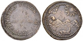 Peru AE 1/4 Peso 1823 LIMA V 

Peru. Provisional coinage. CU 1/4 Peso 1823 LIMA V (27 mm, 7.68 g).
KM 138.

Very fine.
