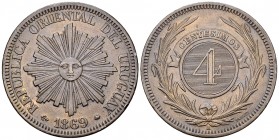 Uruguay AE 4 Centimos 1869 H 

Uruguay, Republic. AE 4 Centesimos 1869 H (35 mm, 19.92 g), Paris.
KM 13.

Minor nicks, otherwise, extremely fine.