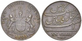 India CU 20 Cash 1803 

British India. Madras Presidency. CU 20 Cash 1803 (30 mm, 12.47 g).
KM 321.

Very fine.