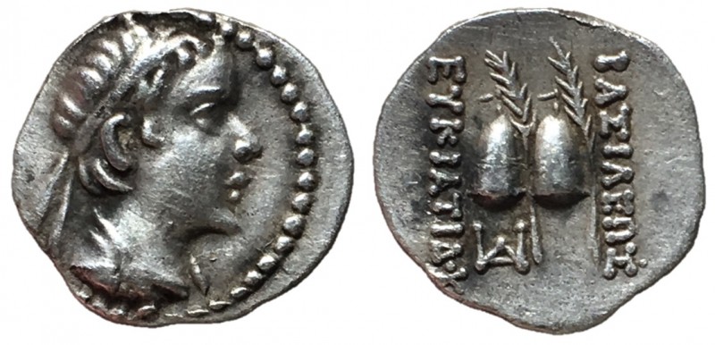Kings of Baktria, Eukratides I Megas, 170 - 145 BC
Silver Obol, 11mm, 0.68 gram...