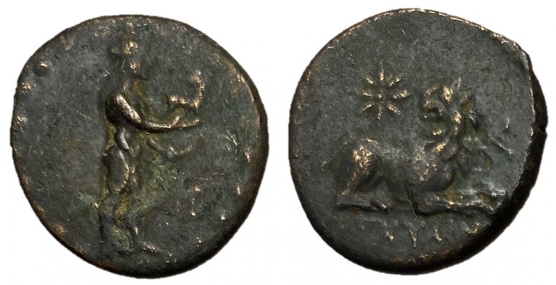 Ionia, Miletos, 200 BC
AE Hemiobol, 20mm, 4.99 grams
Obverse: Articulated stat...
