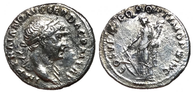 Trajan, 98 - 117 AD
Silver Denarius, Rome Mint, 19mm, 3.04 grams
Obverse: IMP ...