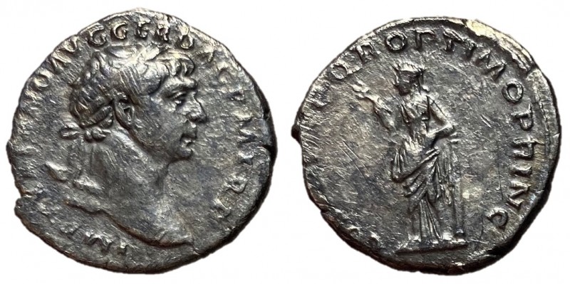 Trajan, 98 - 117 AD
Silver Denarius, Rome Mint, 19mm, 3.02 grams
Obverse: IMP ...
