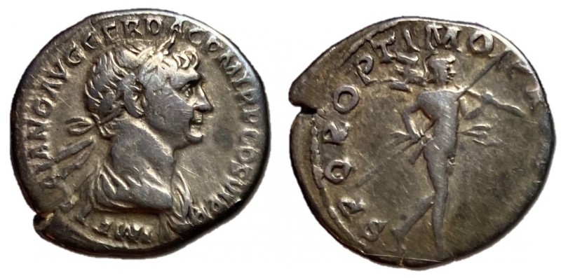 Trajan, 98 - 117 AD
Silver Denarius, Rome Mint, 20mm, 3.43 grams
Obverse: IMP ...