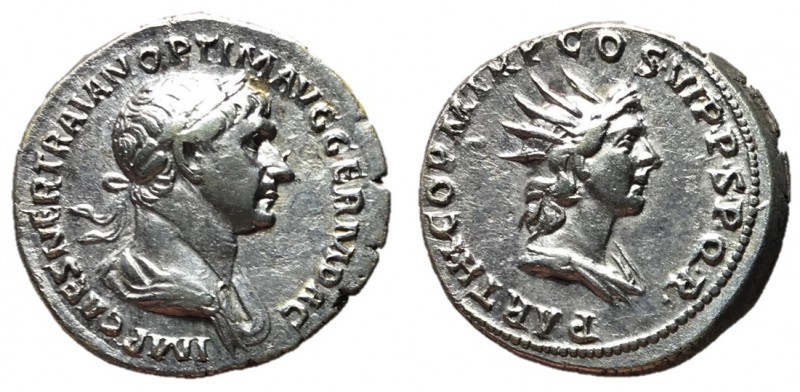 Trajan, 98 - 117 AD
Silver Denarius, Rome Mint, 19mm, 3.16 grams
Obverse: IMP ...