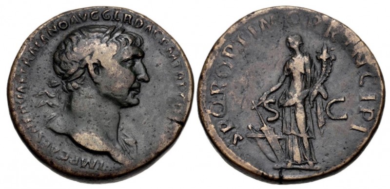 Trajan, 98 - 117 AD
AE Sestertius, Rome Mint, 32mm, 26.96 grams
Obverse: IMP C...