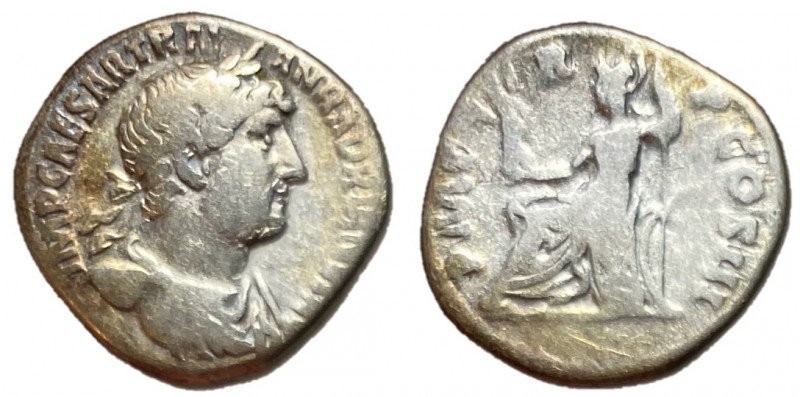 Hadrian, 117 - 138 AD
Silver Denarius, Rome Mint, 18mm, 3.19 grams
Obverse: IM...