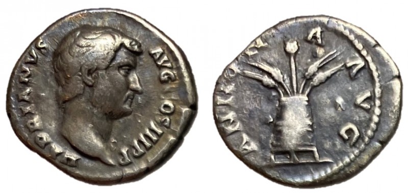 Hadrian, 117 - 138 AD
Silver Denarius, Rome Mint, 19mm, 2.86 grams
Obverse: HA...