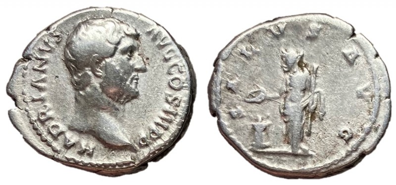 Hadrian, 117 - 138 AD
Silver Denarius, Rome Mint, 18mm, 3.26 grams
Obverse: HA...