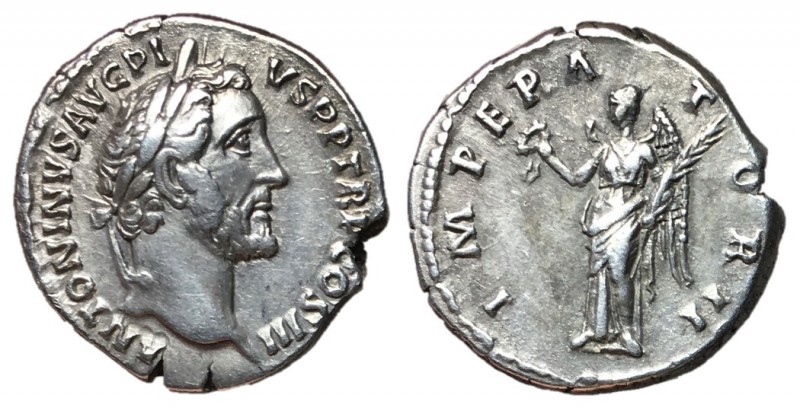 Antoninus Pius, 138 - 161 AD
Silver Denarius, Rome Mint, 18mm, 3.72 grams
Obve...