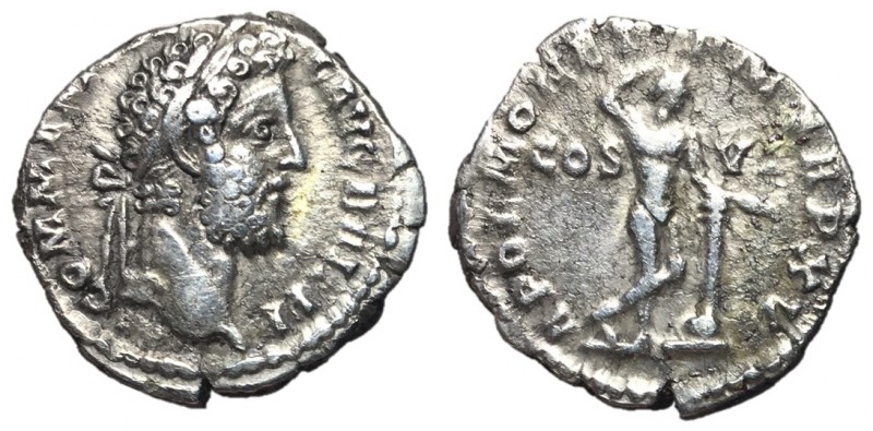 Commodus, 177 - 192 AD
Silver Denarius, Rome Mint, 17mm, 2.62 grams
Obverse: M...