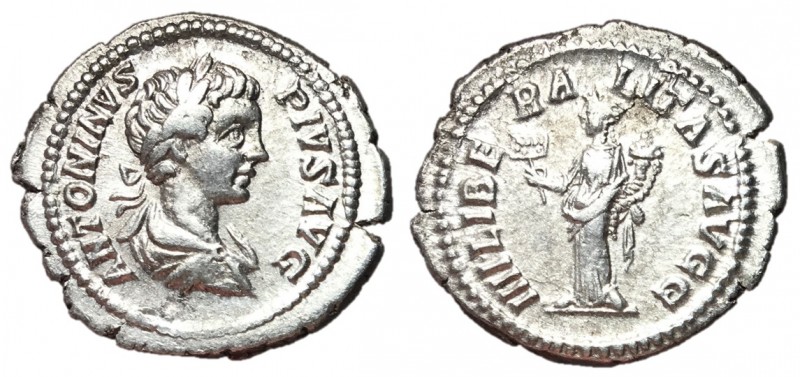 Caracalla, 198 - 217 AD
Silver Denarius, Rome Mint, 21mm, 2.89 grams
Obverse: ...