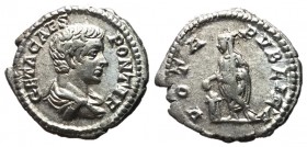 Geta, as Caesar, 202 - 209 AD, Silver Denarius, Geta Sacrificing