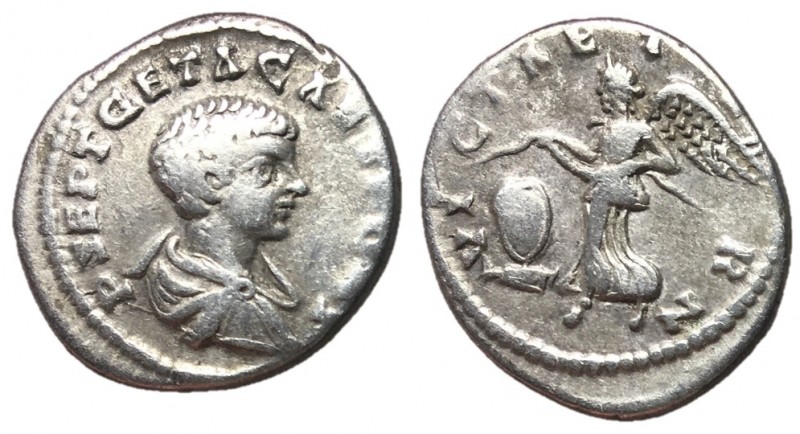 Geta, 209 - 211 AD
Silver Denarius, Laodicea Mint, 20mm, 3.29 grams
Obverse: P...