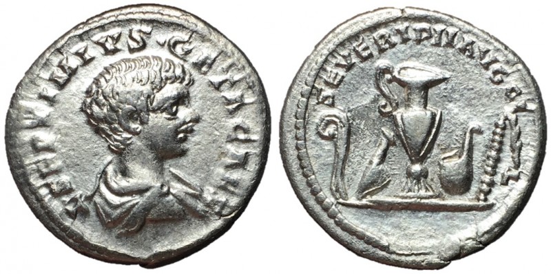 Geta, 198 - 217 AD
Silver Denarius, Rome Mint, 19mm, 3.12 grams
Obverse: L SEP...