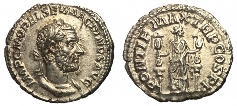 Macrinus, 217 - 218 AD
Silver Denarius, Rome Mint, 20mm, 3.07 grams
Obverse: I...