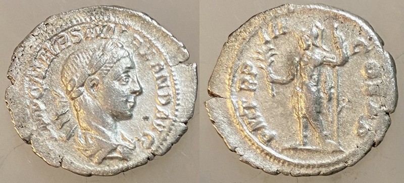 Severus Alexander, 222 - 235 AD
Silver Denarius, Rome Mint, 22mm, 2.20 grams
O...