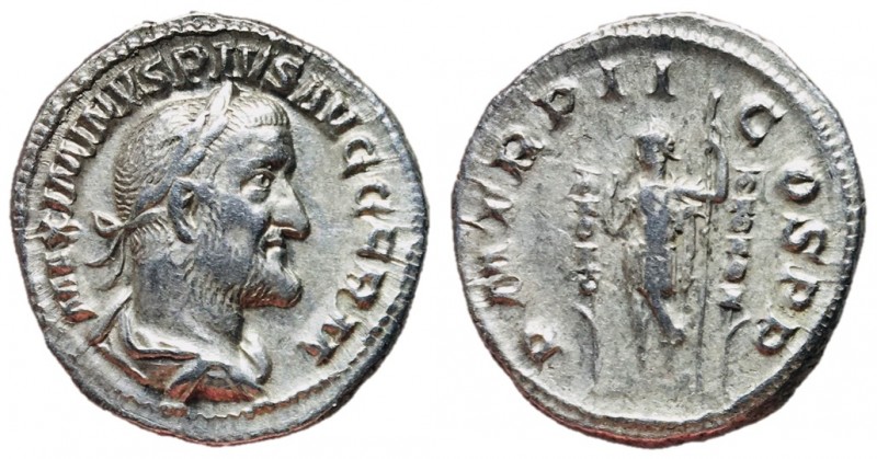 Maximinus I, 235 - 238 AD
Silver Denarius, Rome Mint, 19mm, 2.99 grams
Obverse...