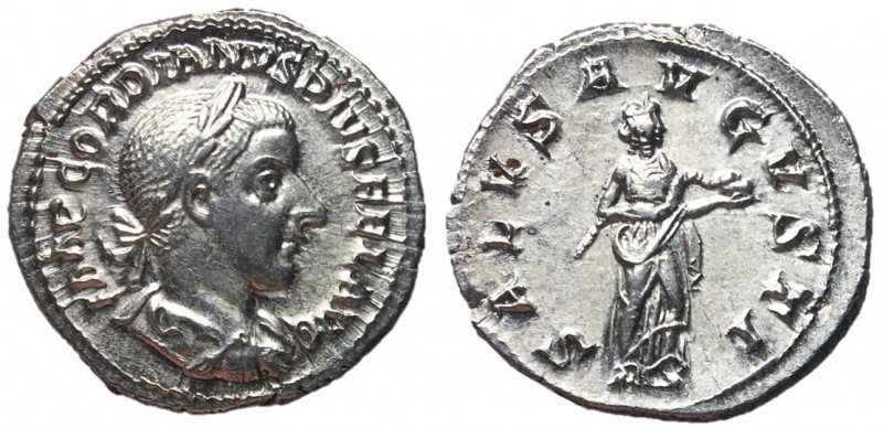 Gordian III, 238 - 244 AD
Silver Denarius, Rome Mint, 20mm, 2.83 grams
Obverse...