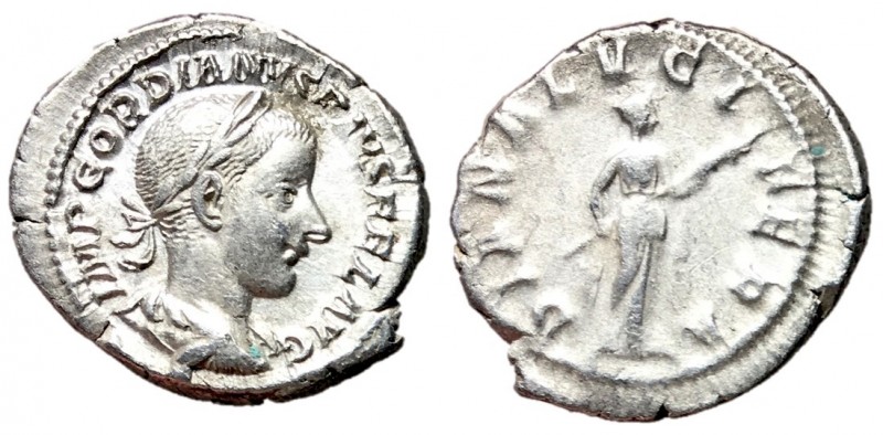 Gordian III, 238 - 244 AD
Silver Denarius, Rome Mint, 21mm, 3.01 grams
Obverse...