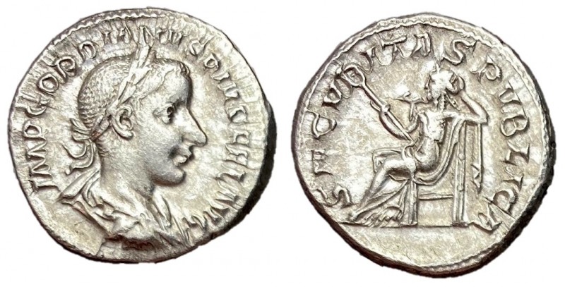 Gordian III, 238 - 244 AD
Silver Denarius, Rome Mint, 19mm, 3.43 grams
Obverse...