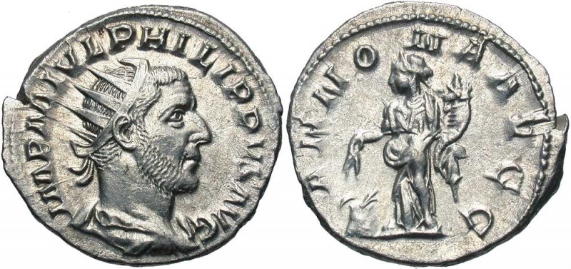 Philip I, 244 - 249 AD
Silver Antoninianus, Rome Mint, 22mm, 3.93 grams
Obvers...