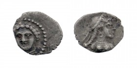 CILICIA. Tarsos. Time of Pharnabazos and Datames. Circa 380-360 BC. AR Obol
Diademed head of female (Aphrodite?) right
Rev: Helmeted head of male (Are...
