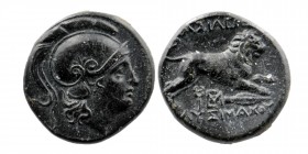 KINGS OF THRACE (Macedonian). Lysimachos (305-281 BC). Ae Unit. 
Lysimacheia. 
Obv: Helmeted head of Athena right. 
Rev: ΒΑΣΙΛΕΩΣ / ΛΥΣΙΜΑΧΟΥ. Lion le...