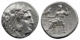 Kingdom of Macedon, Alexander III 'the Great' AR Tetradrachm. Arados, circa 324-320 BC.
Head of Herakles right, wearing lion skin headdress
Rev: Rev: ...