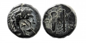 KINGS OF MACEDON. Alexander III 'the Great' (336-323 BC). Ae 
Obv: Head of Herakles right, wearing lion skin./ counter mark A
Rev: AΛEΞANΔPOY.
Bow-in-...