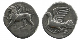 Sikyonia, Sikyon. Ca. 330/20-280 B.C. AR hemidrachm
Chimaera advancing left; ΣI below
Dove flying left; one pellet above tail feathers.
BCD 292; SNG C...