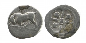 PHLIASIA, Phlious. Circa 400-350 BC. AR Trihemiobol
Bull butting left; I above / Wheel with four spokes; with pellet in axle, Φ in lower quarter, bunc...