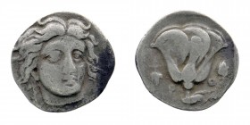 Islands off Caria. Rhodos circa 340-316 BC. Hemidrachm AR
Head of Helios facing slightly right.
Rev: Rose with bud to right, grape bunch to left, P-O ...