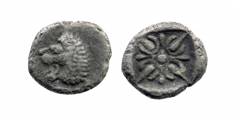 Satraps of Caria. Miletos. Hekatomnos 392-377 BC. Obol AR
 Head of lion facing l...
