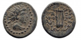 CARIA. Antioch. Ae (3rd century BC). Aristos, magistrate.
Obv: Radiate and draped bust of Helios right.
Rev: ANTIOXЄΩN / APICTOC.
Lyre within wreath.
...