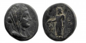 LYDIA. Sardes. Ae (Circa 133 BC-14 AD).
Obv: Veiled, turreted and draped bust of Tyche right.
Rev: ΣΑΡΔΙΑΝΩΝ.
Zeus standing left, holding sceptre and ...