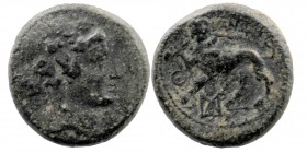 LYDIA. Sardes. Ae (2nd-1st centuries BC).
Obv: Head of Dionysos right, wearing ivy wreath.
Rev: ΣΑΡΔΙΑΝΩΝ.
Horned lion standing left, head facing, bre...