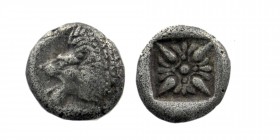 IONIA, Miletos. Late 6th-early 5th century BC. AR Obol.
forepart of lion left, head reverted / Stellate pattern within incuse square.
SNG Kayhan 476-8...