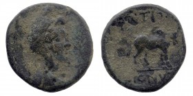 PISIDIA. Antioch. Ae (1st century BC). 
Draped bust of Mên right, wearing Phrygian cap.
Rev: Bull standing right, head facing.
Cf. SNG BN 1052-6; cf. ...