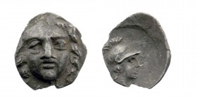 Pisidia. Selge circa 300-190 BC. Obol AR 
Facing Gorgoneion
Rev: Helmeted head of Athena right
Cf. Atlan 76–81
0,65 gr. 11 mm