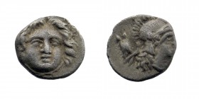 Pisidia. Selge circa 300-190 BC. Obol AR 
Facing Gorgoneion
Rev: Helmeted head of Athena right
Cf. Atlan 76–81
0,98 gr. 10 mm