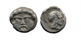 Pisidia, Selge AR Obol. Circa 350-300 BC.
Facing Gorgoneion / Helmeted head of Athena left.
SNG von Aulock 5441. SNG France 1929-1930 var. (astragal...